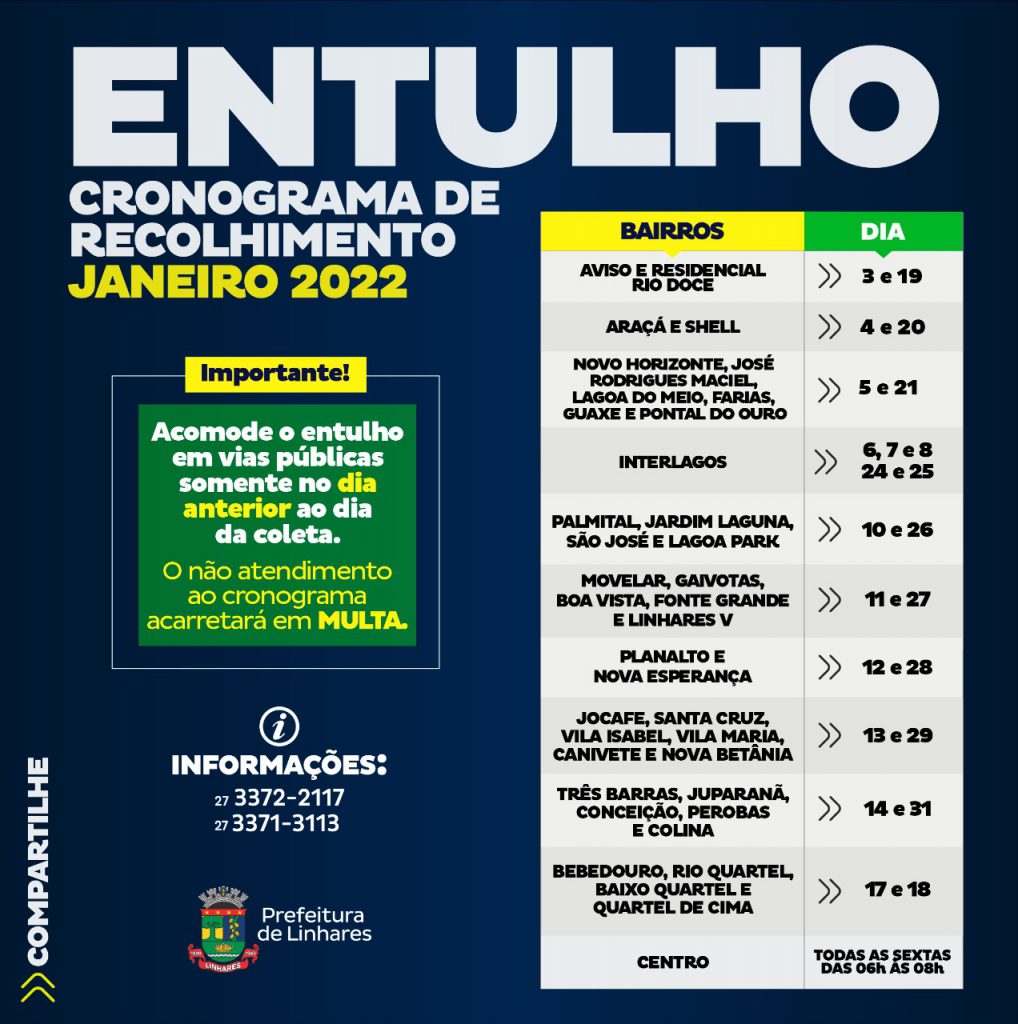 Prefeitura De Linhares Divulga Cronograma De Recolhimento De Entulho